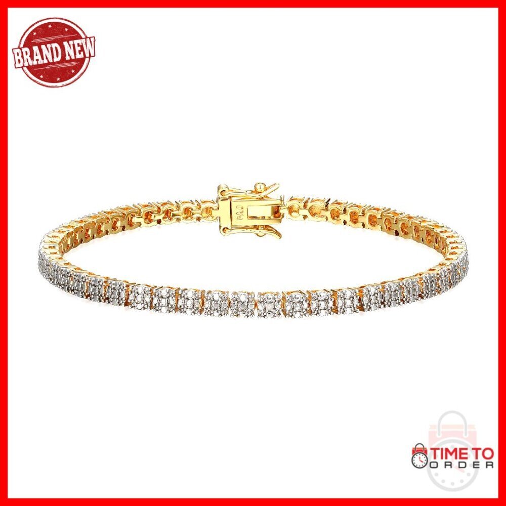 Fine Silver Gold Tone Diamond Tennis Bracelet 7.25 Inch